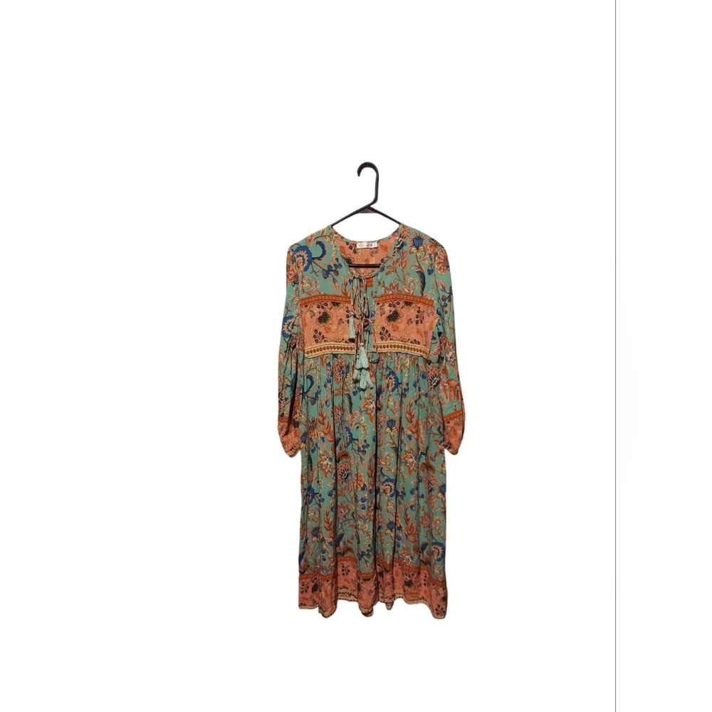 R.Vivimos Floral Boho Peasant Tassel Midi Dress M Cottagecore Western Preppy
